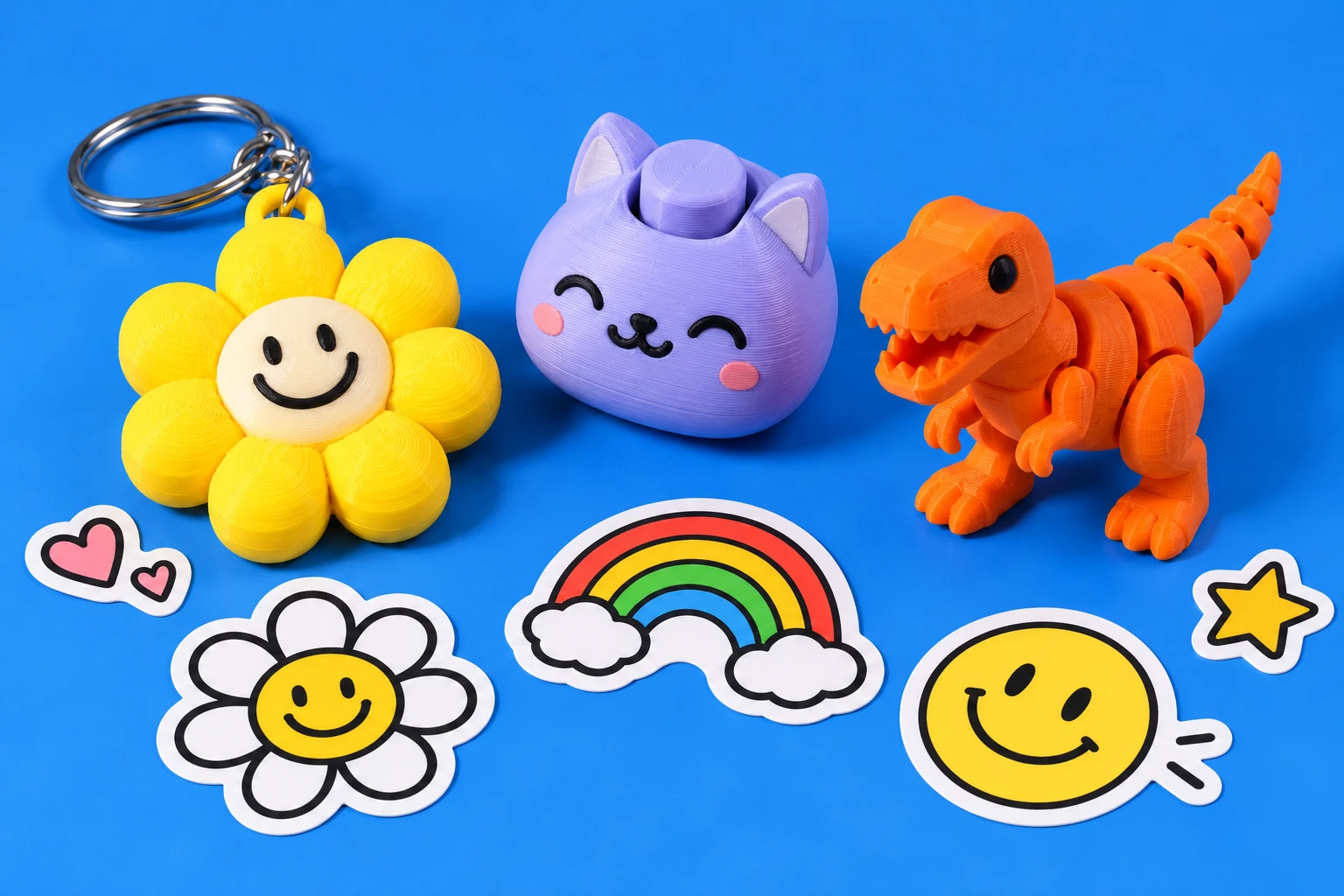 Concept artwork of colourful 3D printed keychains, a cat clicker, a dinosaur and die-cut stickers